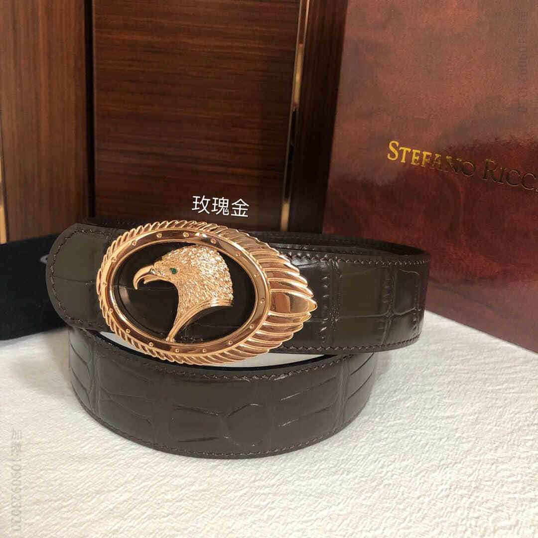 STEFANORICCI史蒂芬.劳尼治专柜款版型精钢鹰头羽毛挂扣，3.8cmcm头层牛皮精仿鳄鱼皮腰带