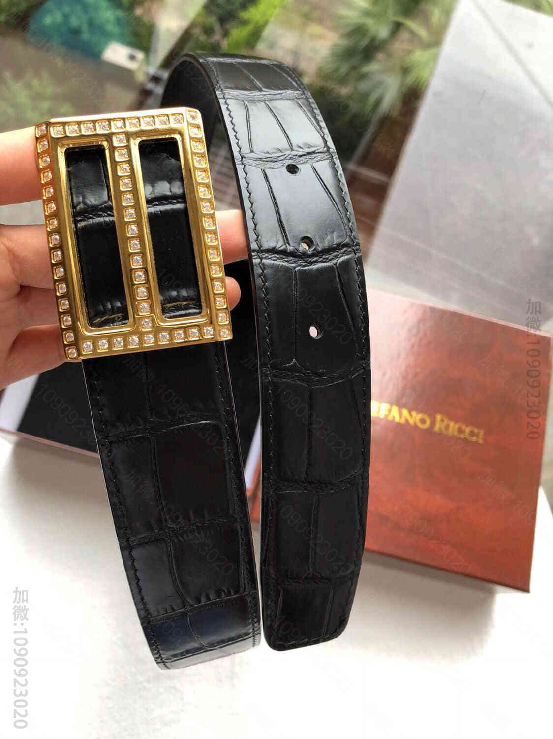 STEFANORICCI史蒂芬精钢镶嵌钻内穿金属挂扣，腰带牛皮鳄鱼纹理35m...