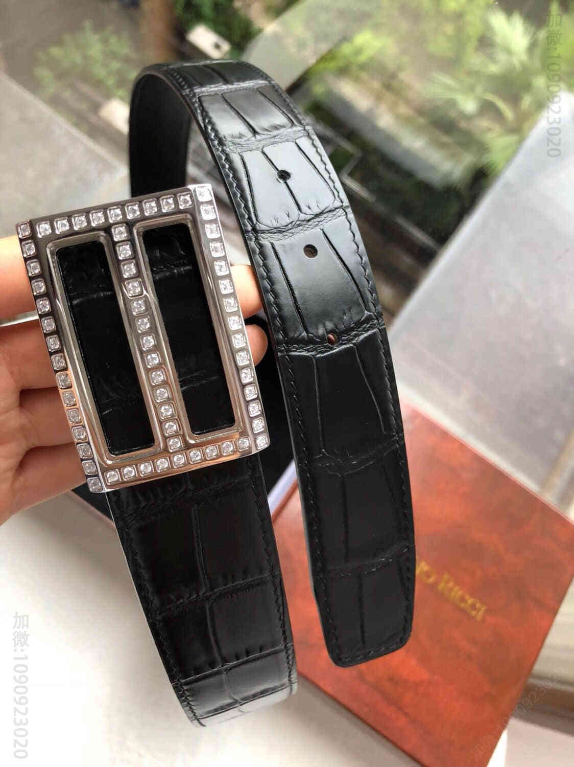 STEFANORICCI史蒂芬精钢镶嵌钻内穿金属挂扣，腰带牛皮鳄鱼纹理35mm