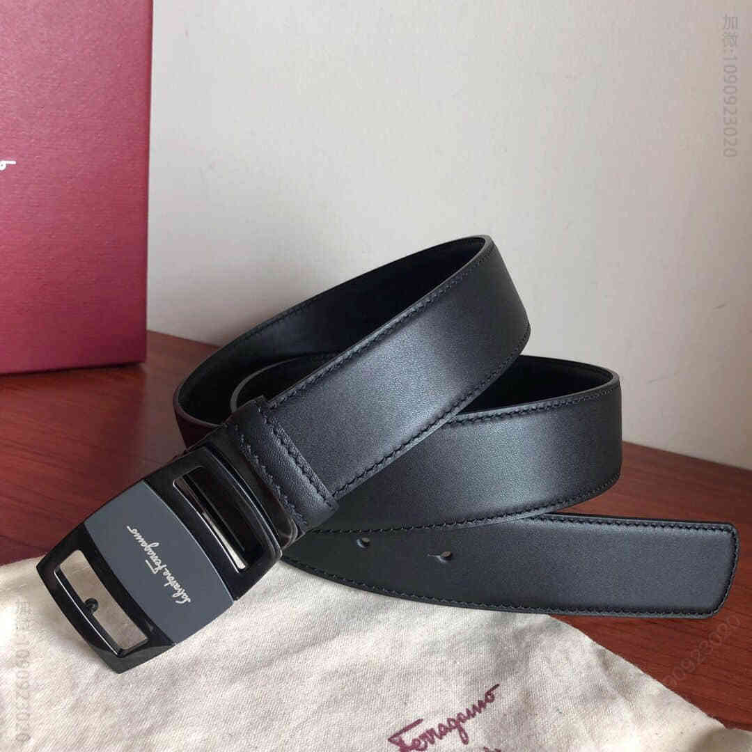 SalvatoreFerragamo菲拉格慕男士3.5cm精钢亚克力金属夹扣，进口双面头层牛皮腰带，可剪裁