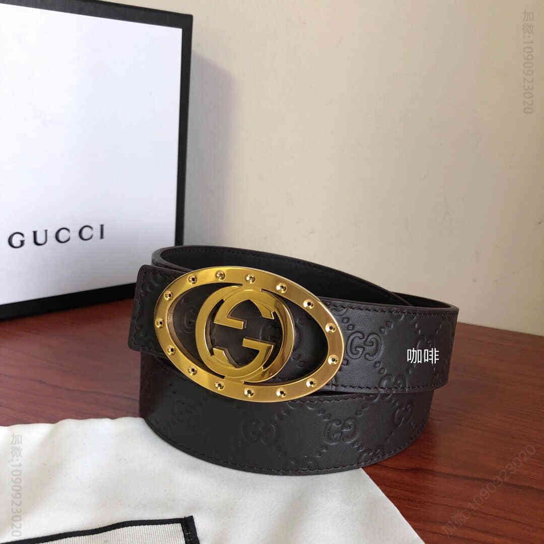 双G压花头层牛皮黑色咖啡，双G金属挂扣款3.5cm腰带