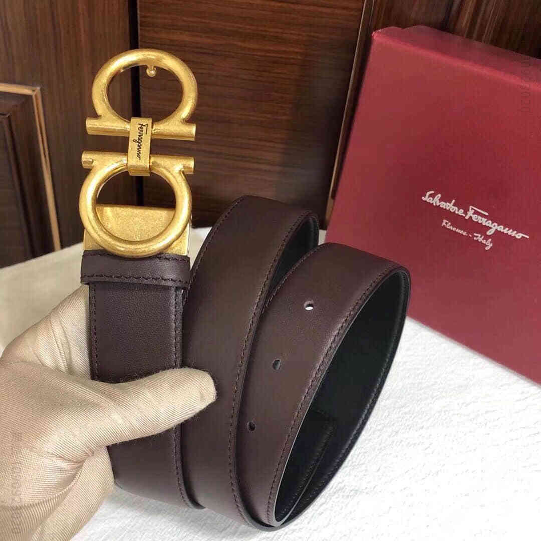 Ferragamo菲拉格慕男款Vintage复古双圈金属扣，进口双面头层牛皮腰带35mm