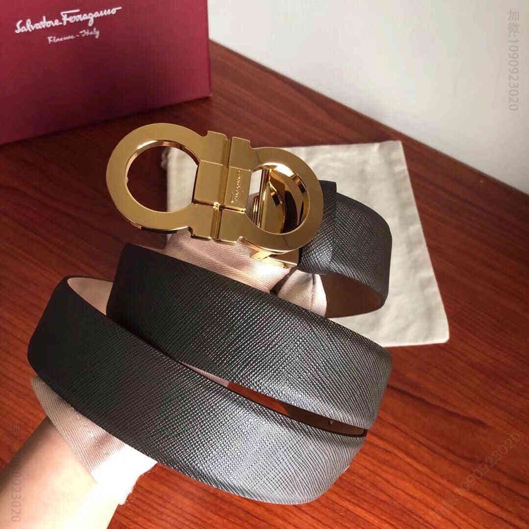 SalvatoreFerragamo菲拉格慕精品双圈夹扣头层牛皮十字纹理男士3.5cm腰带