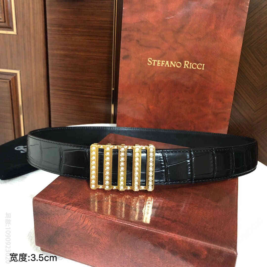 STEFANORICCI史蒂芬.劳尼治精钢手工镶嵌钻内穿金属扣，配饰进口头层牛皮精仿鳄鱼纹腰带3.5cm