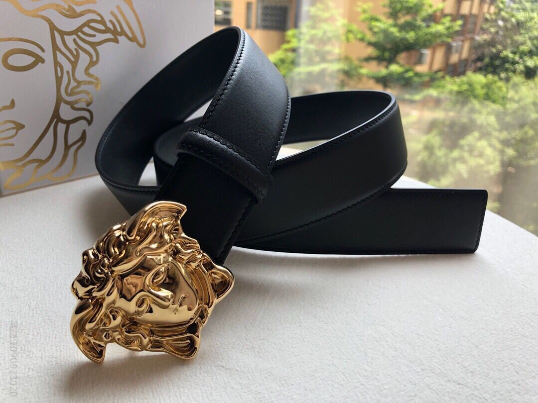 VERSACE范思哲男士黑色平面牛皮金色美杜莎头像金属扣腰带3.8cm