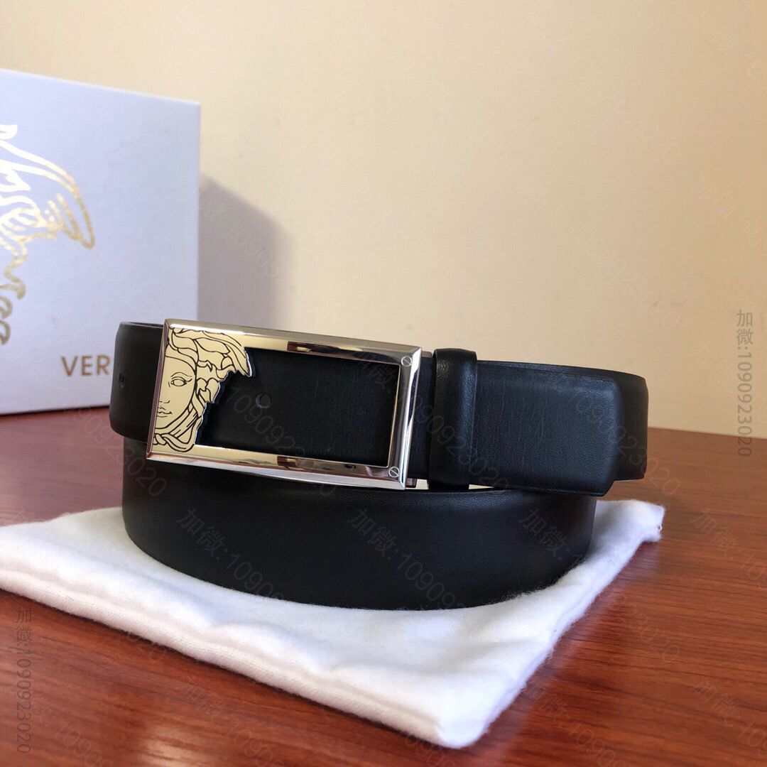 精仿范思哲男款皮带 VERSACE范思哲男士黑色棕色头层牛皮腰带精钢美杜莎镂空金属夹扣 V55894 