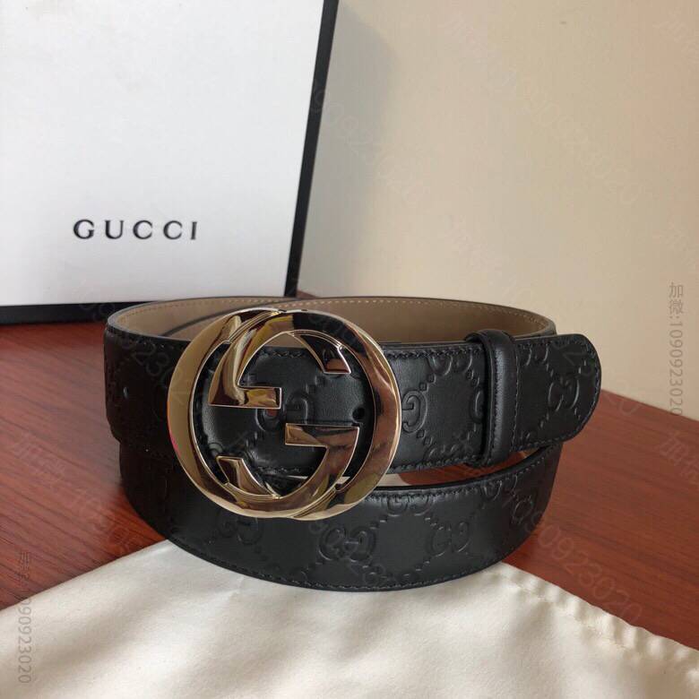 Signature皮带男士银色双G压花牛皮腰带38mm