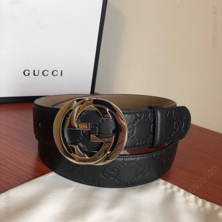 Signature皮带男士银色双G压花牛皮腰带38mm
