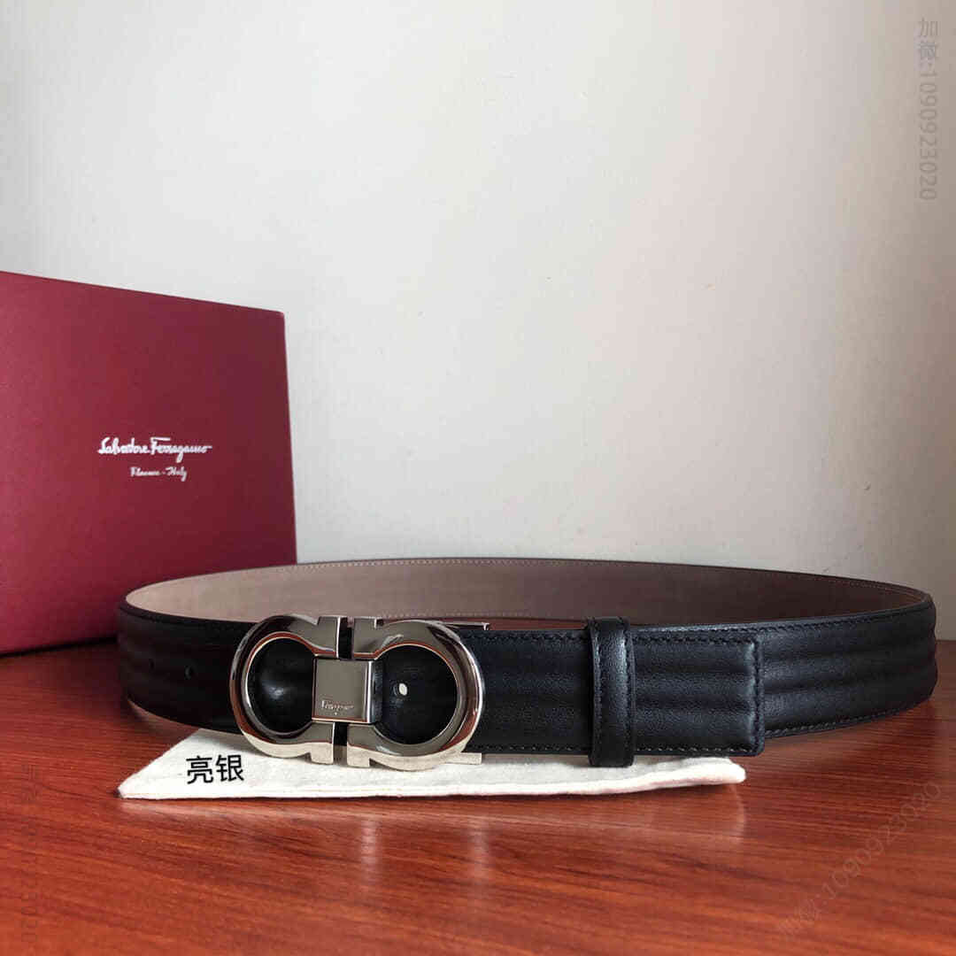 SalvatoreFerragamo菲拉格慕男士3.5cm精品专柜版型金属双圈夹扣，进口双面头层牛皮波浪纹理腰带，可剪裁