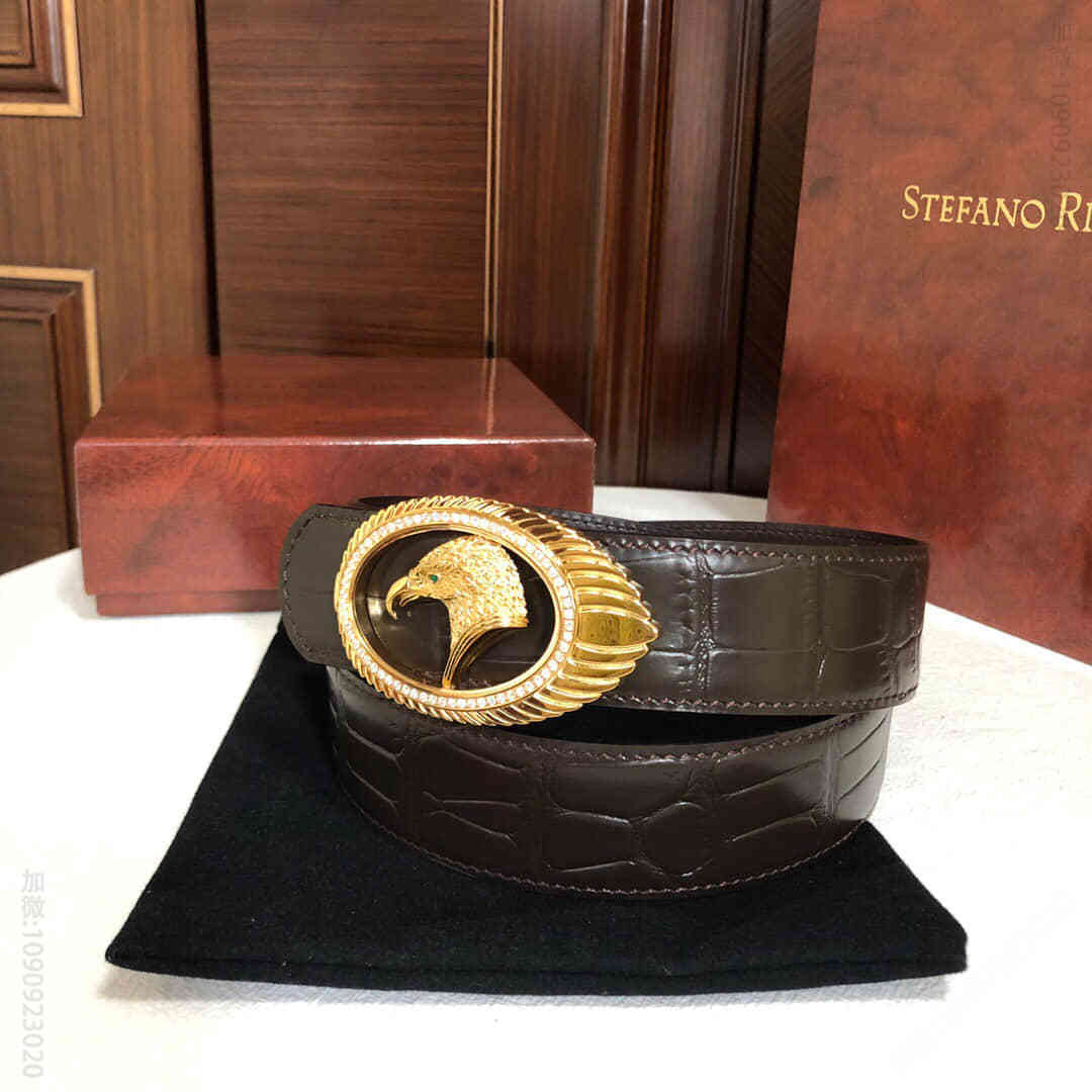 STEFANORICCI史蒂芬.劳尼治专柜款精钢鹰头镶嵌钻扣3.8cm腰带