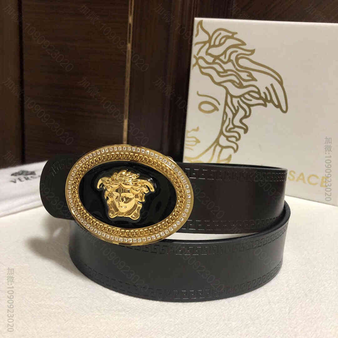 VERSACE范思哲男士黑色咖啡牛皮腰带，精钢美杜莎树脂镶嵌钻扣3.8cm