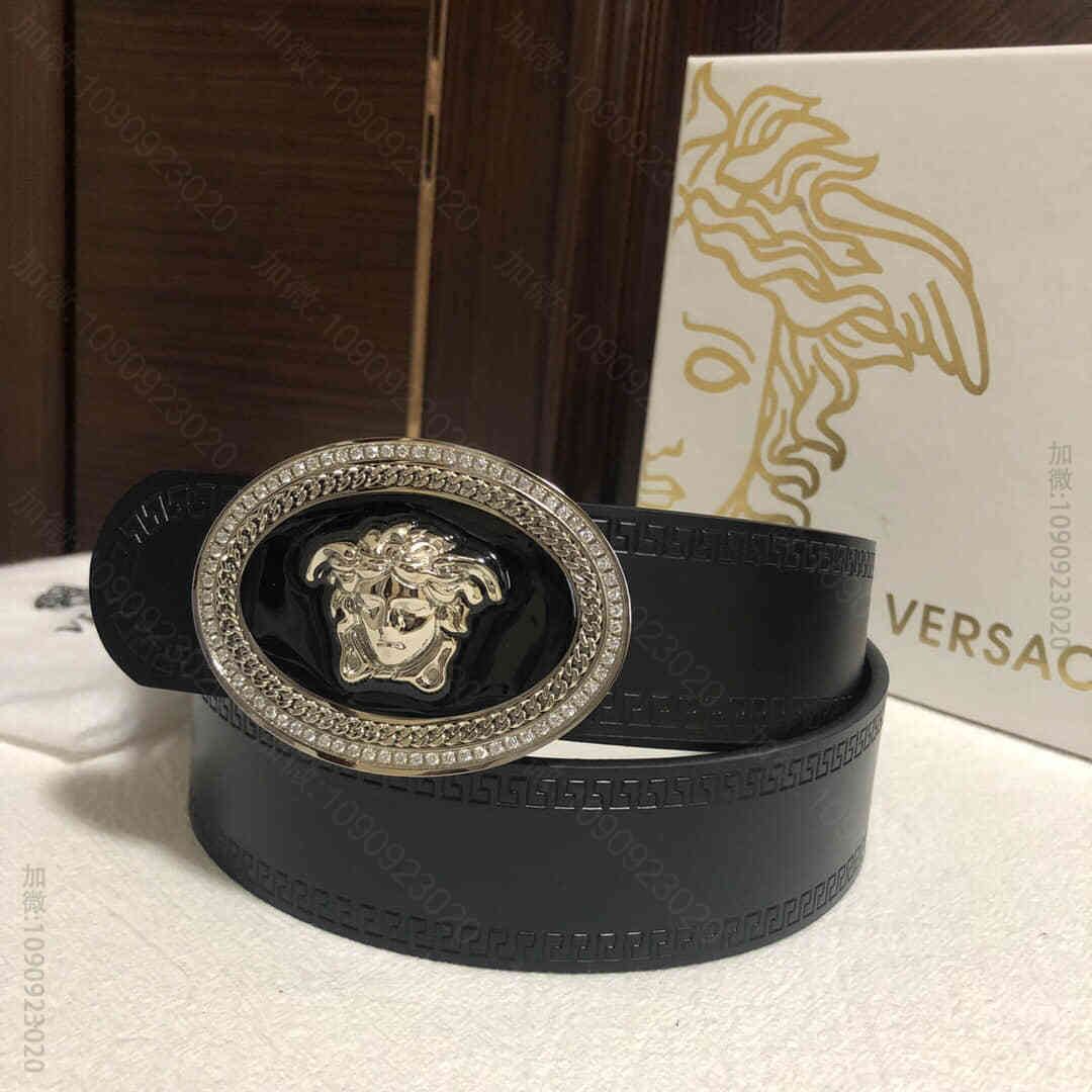 VERSACE范思哲男士黑色牛皮腰带，精钢美杜莎树脂镶嵌钻扣3.8cm