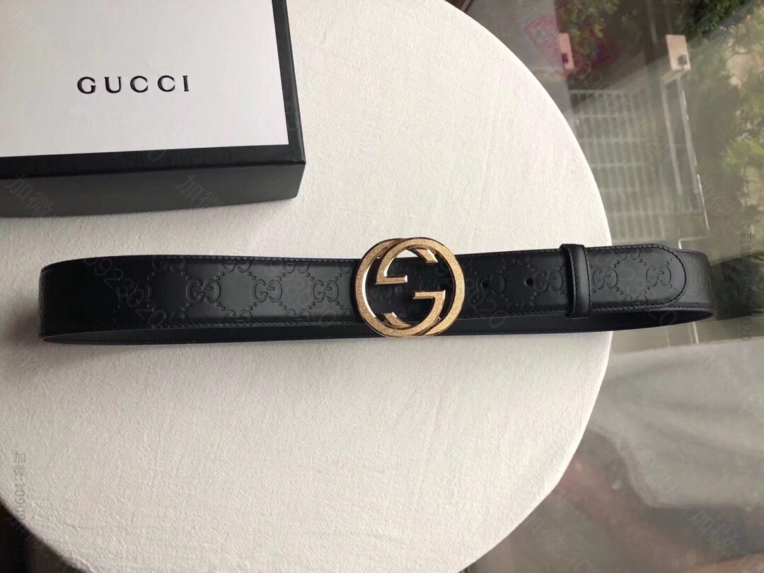 Signature男士精钢双G滚砂金属扣压纹黑色头层牛皮腰带3.8cm