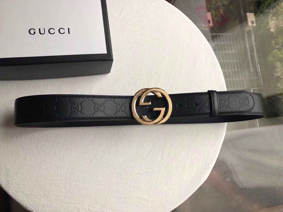 Signature男士精钢双G滚砂金属扣压纹黑色头层牛皮腰带3.8cm