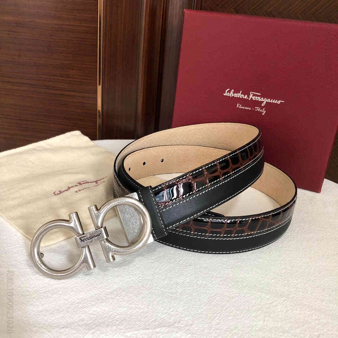 SalvatoreFerragamo菲拉格慕男士3.5cm精品专柜版型复古风夹扣，进口头层牛皮拼接款式，可剪裁