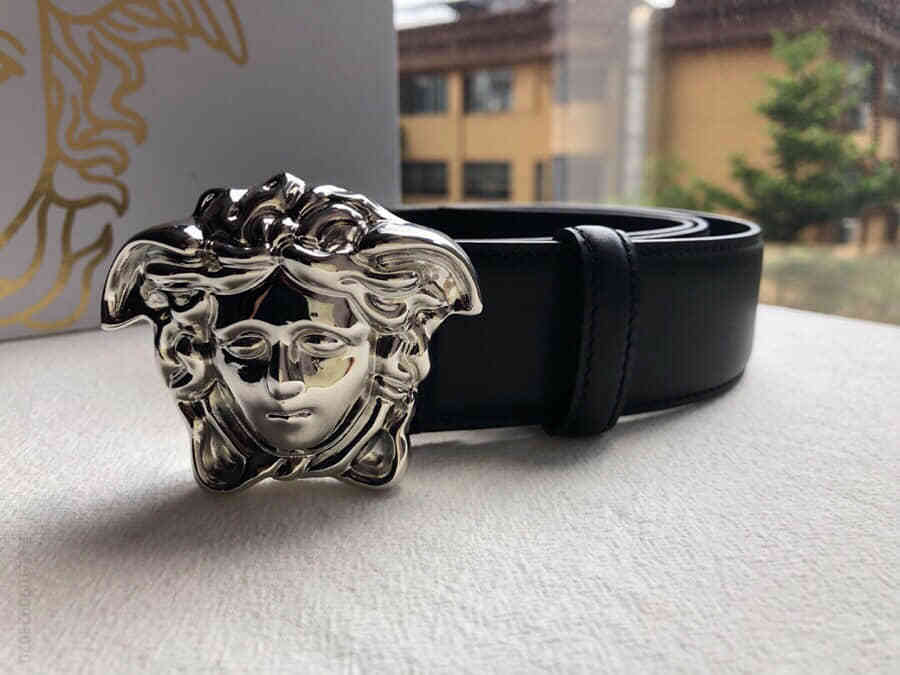 VERSACE范思哲男士黑色平面牛皮金色美杜莎头像金属扣腰带3.8cm