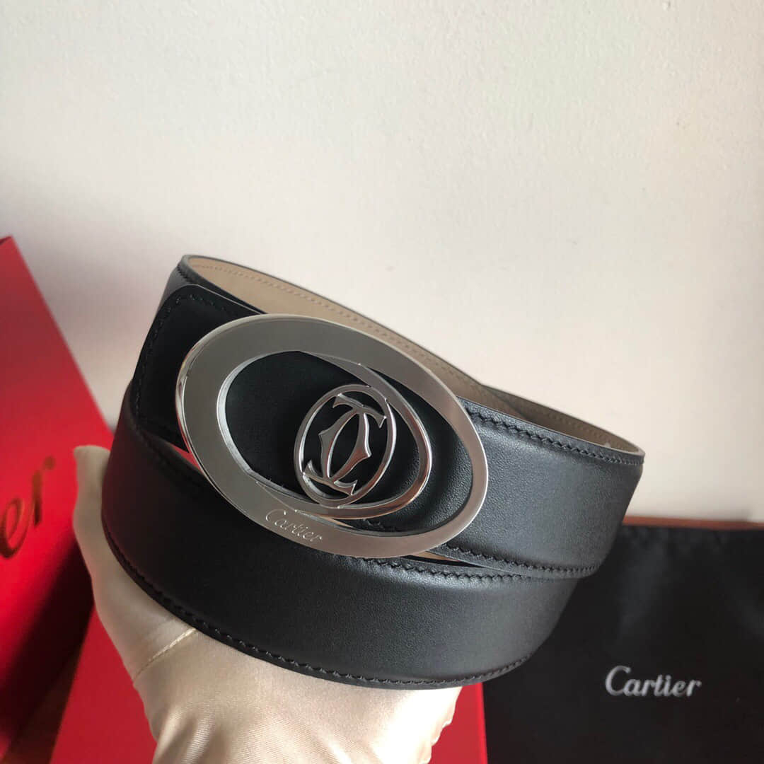 Cartier卡地亚精钢双C镂空金属扣进口牛皮磨砂内里3.5cm腰带