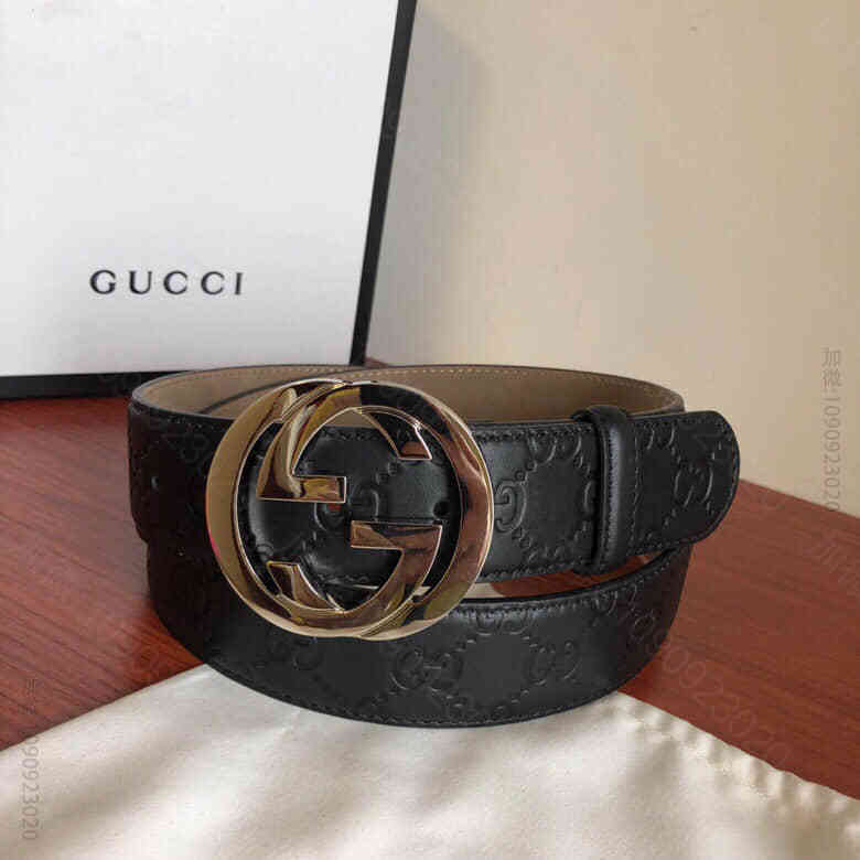 Signature皮带男士银色双G压花牛皮腰带38mm
