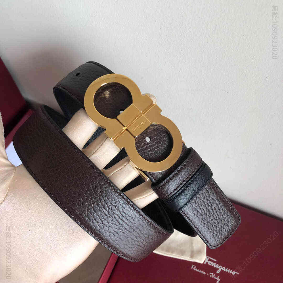 SalvatoreFerragamo菲拉格慕男士3.5cm精品双圈夹扣，头层牛皮荔枝双面外用腰带，可剪裁
