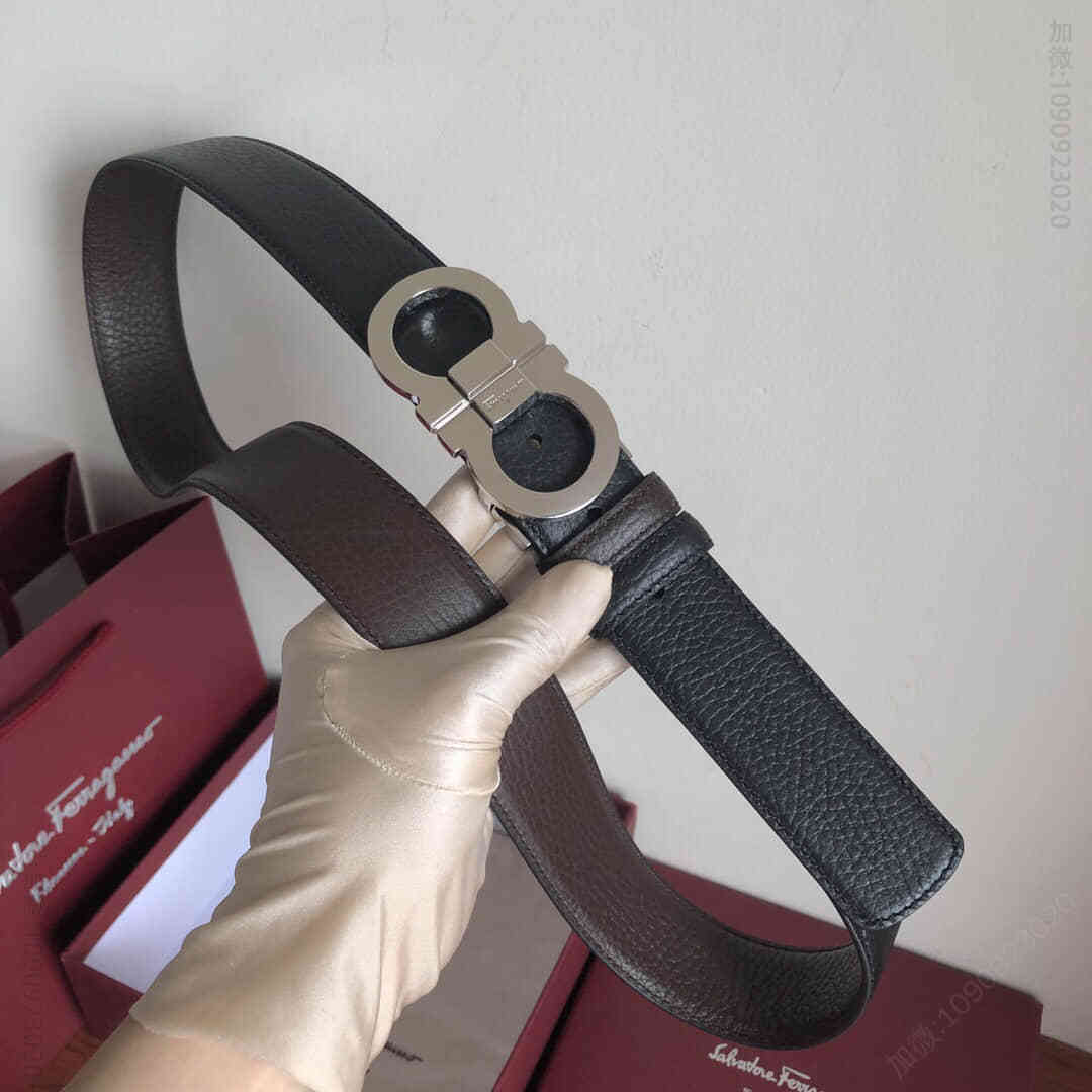 SalvatoreFerragamo菲拉格慕男士3.5cm精品双圈夹扣，头层牛皮荔枝双面外用腰带，可剪裁