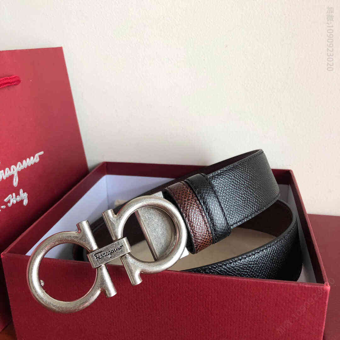 SalvatoreFerragamo菲拉格慕男士3.5cm精致复古夹扣，头层牛皮双面十字纹理腰带