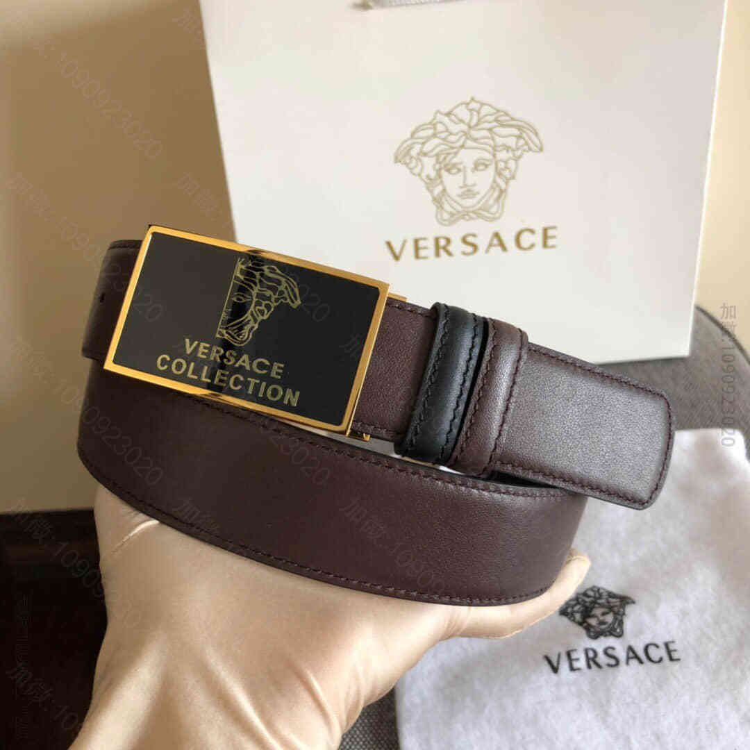 范思哲(Versace)进口牛皮结合品牌标志精钢美杜莎树脂金属夹扣腰带宽度3...