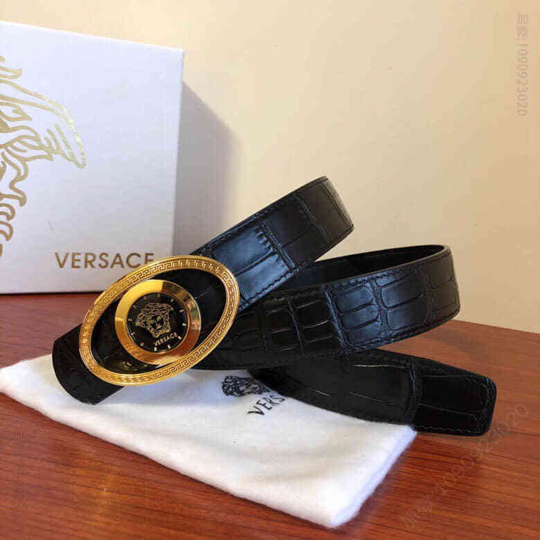 VERSACE范思哲男士黑色头层牛皮压纹精仿鳄鱼皮腰带