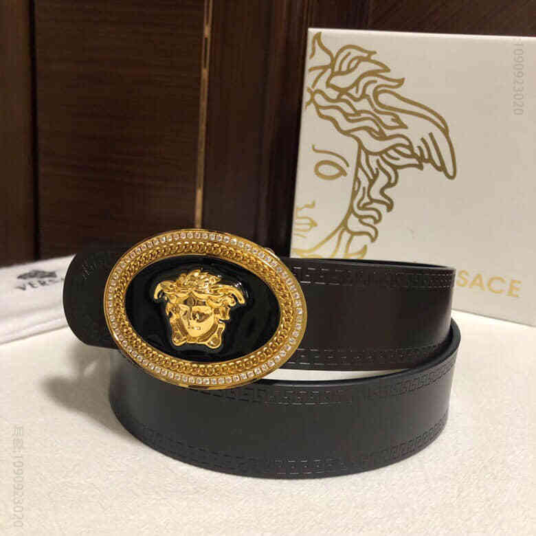 VERSACE范思哲男士黑色咖啡牛皮腰带，精钢美杜莎镶嵌钻扣3.8cm