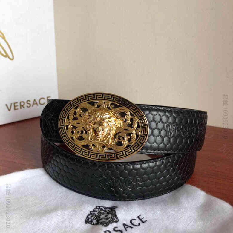 VERSACE范思哲男士黑色头层牛皮美杜莎标志腰带精钢美杜莎镂空金属扣3.8...