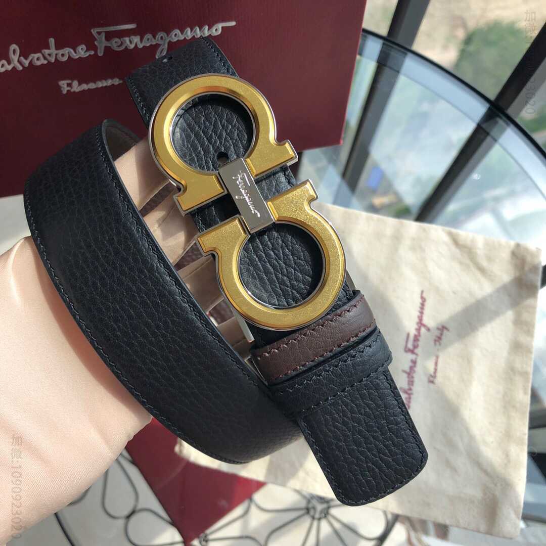 SalvatoreFerragamo菲拉格慕男士3.5cm亚克力双圈金属夹扣，头层牛皮双面荔枝腰带