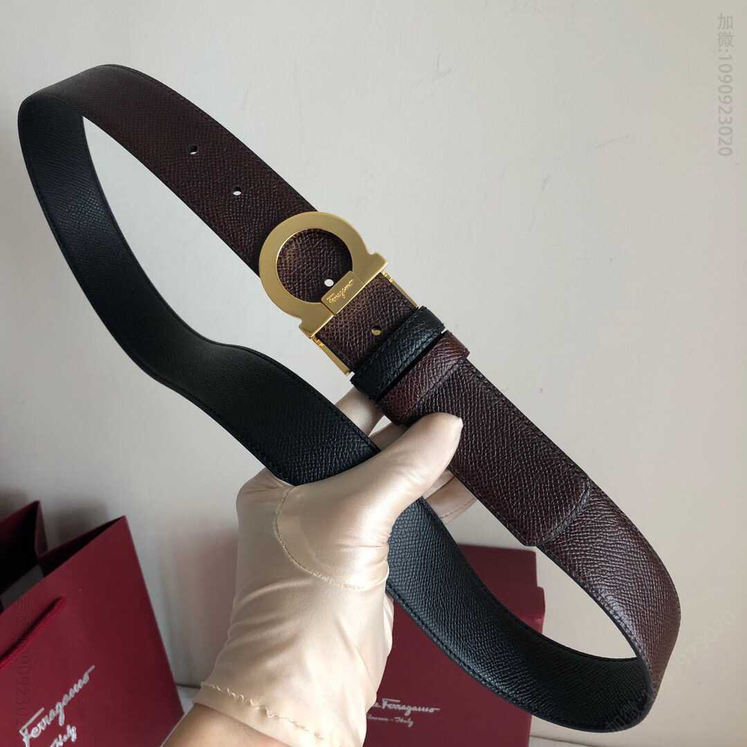 SalvatoreFerragamo菲拉格慕精致双圈半圆旋转金属夹扣，头层牛皮双面腰带3.5cm