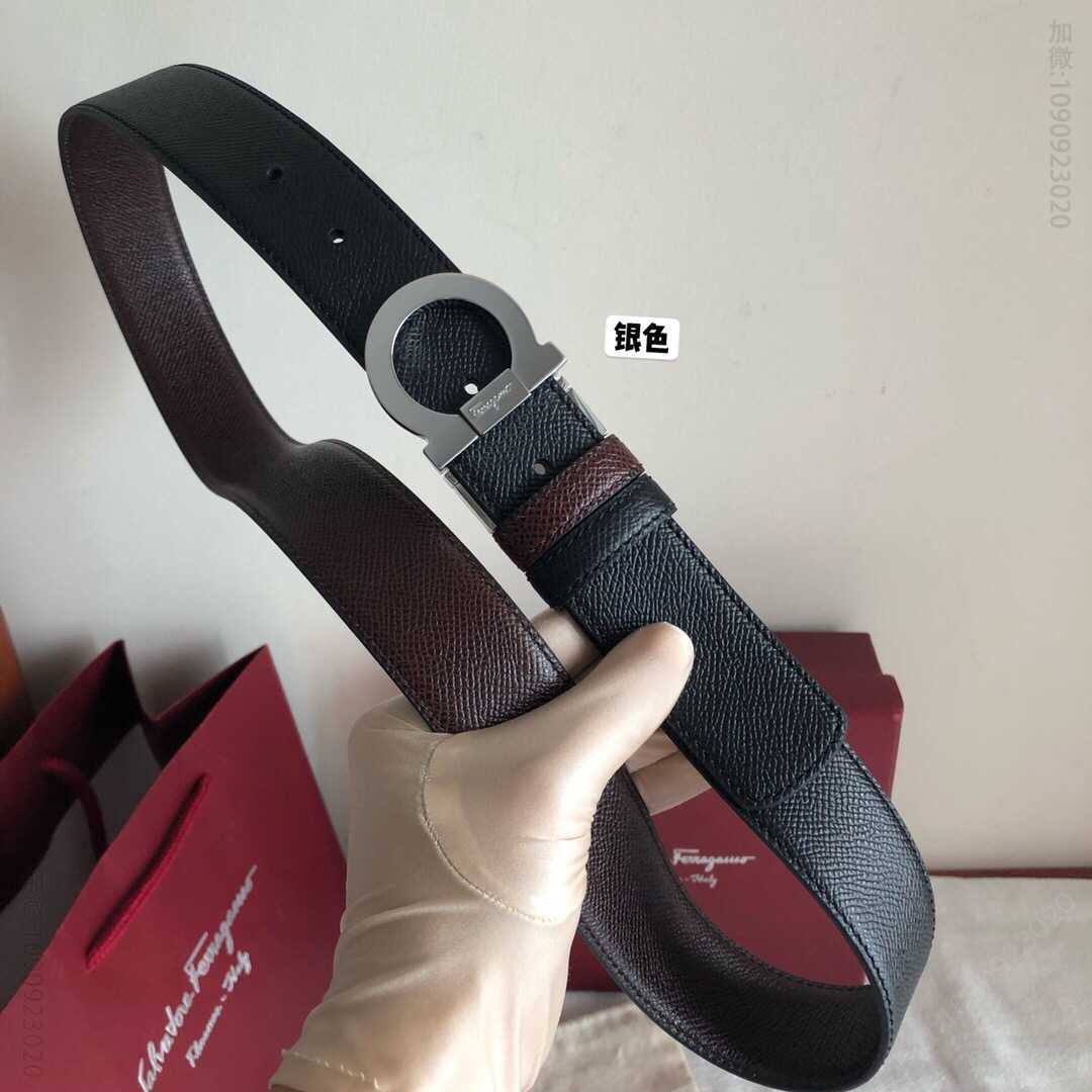 SalvatoreFerragamo菲拉格慕精致双圈半圆旋转金属夹扣，头层牛皮双面腰带3.5cm