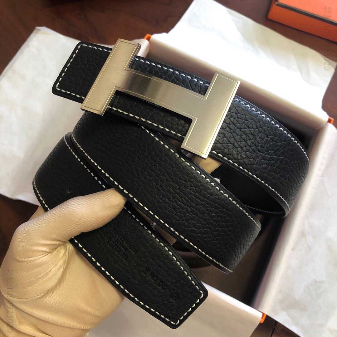 Hermes爱马仕精钢镶嵌钻花纹金属扣&原版皮手掌纹38毫米腰带
