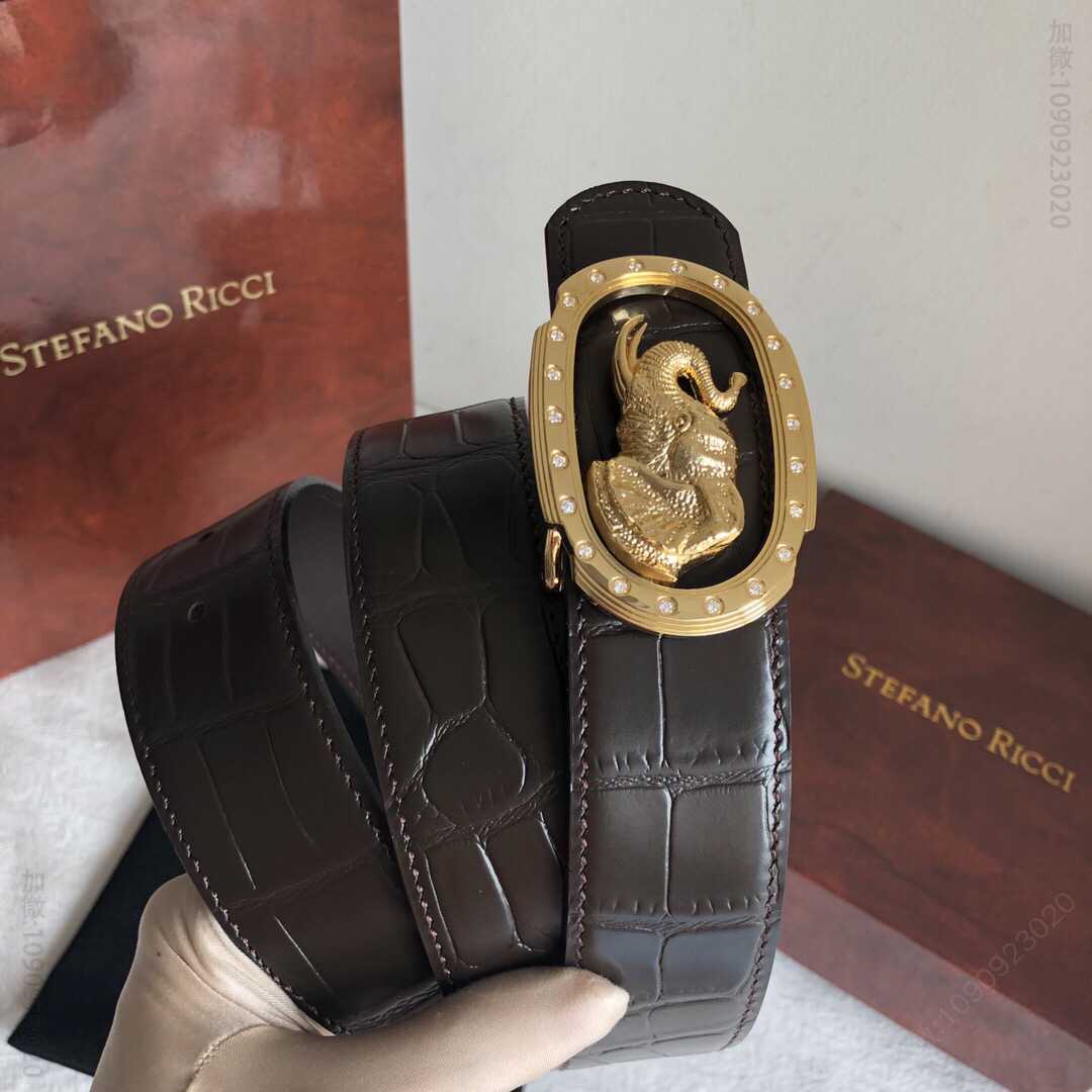 STEFANORICCI史蒂芬.劳尼治专柜款精钢大象镶嵌钻金属挂扣3.8cm腰带