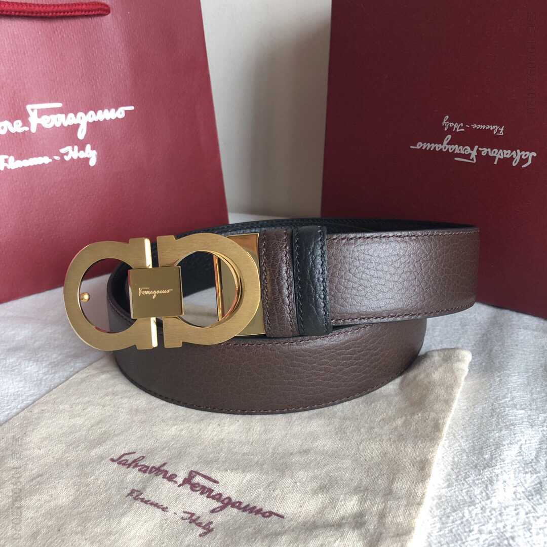 SalvatoreFerragamo菲拉格慕男士3.5cm精钢双圈金属夹扣，头层牛皮双面荔枝腰带
