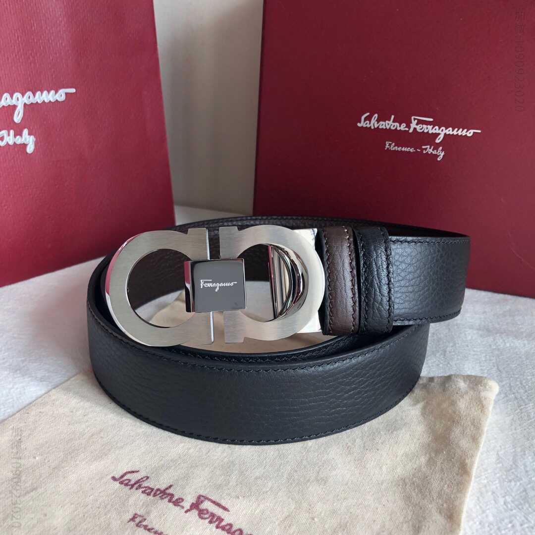 SalvatoreFerragamo菲拉格慕男士3.5cm精钢双圈金属夹扣，头层牛皮双面荔枝腰带