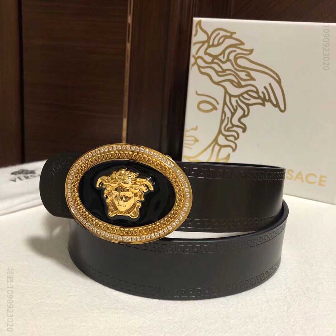 VERSACE范思哲精钢美杜莎树脂镶嵌钻扣3.8cm男士黑色牛皮腰带