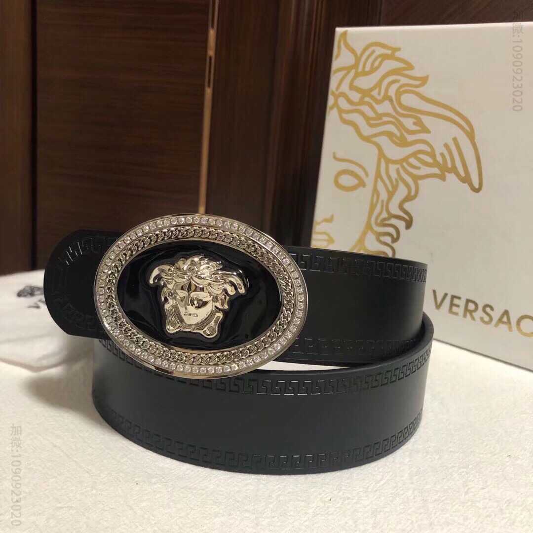 VERSACE范思哲精钢美杜莎树脂镶嵌钻扣3.8cm男士黑色牛皮腰带