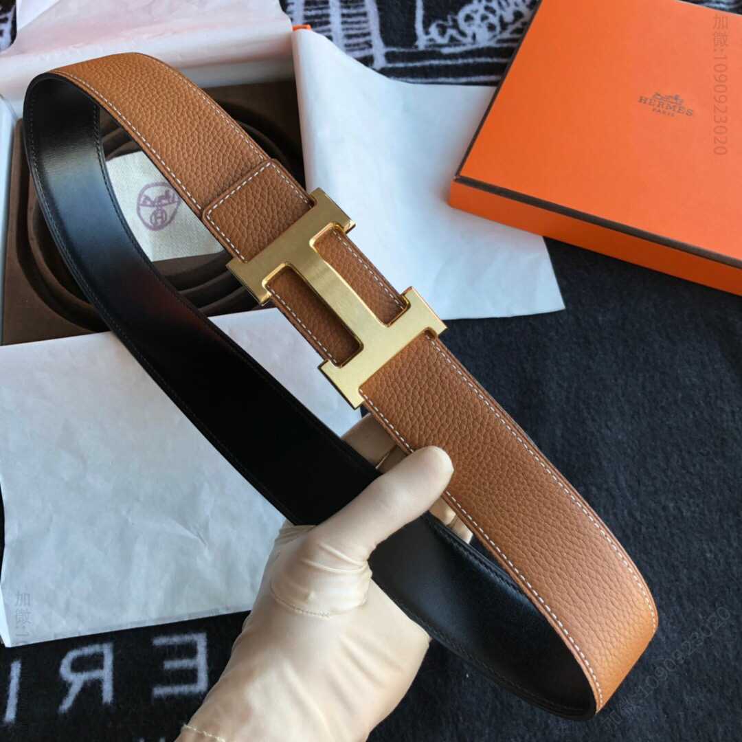 Hermes/爱马仕经典H拉丝金色/钯扣，进口togo皮小牛皮腰带38mm
