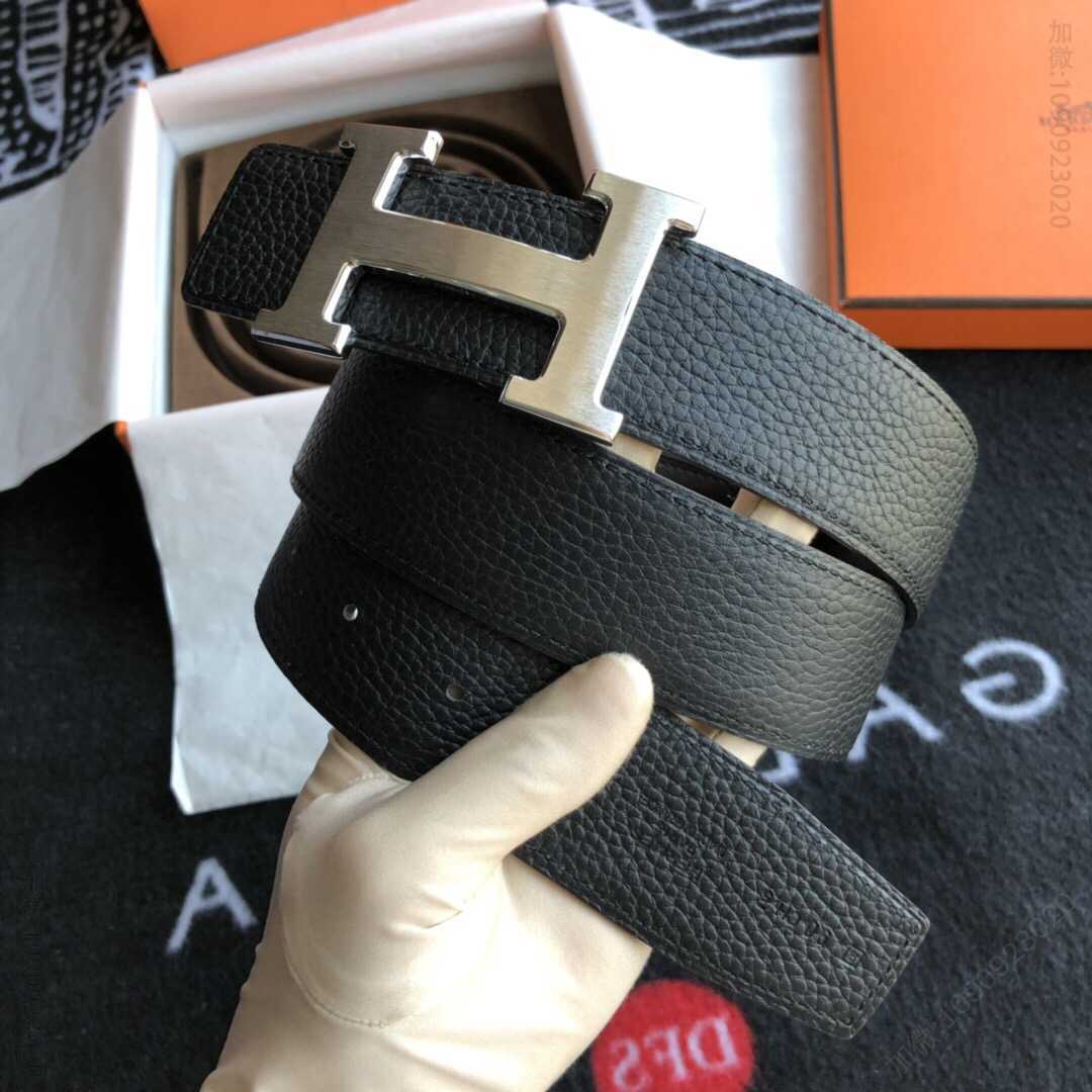 Hermes/爱马仕经典H拉丝金色/钯扣，进口togo皮小牛皮腰带38mm