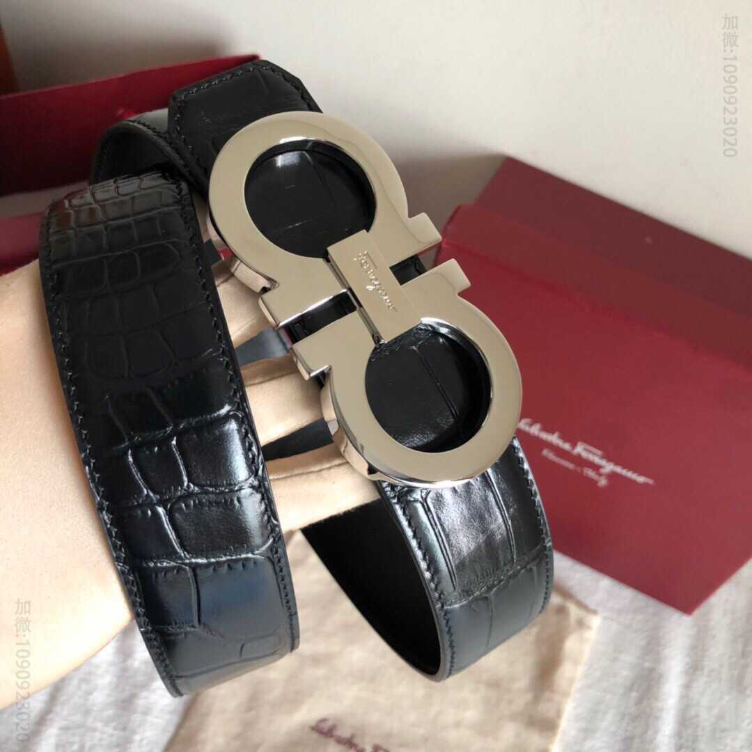 SalvatoreFerragamo菲拉格慕男士3.5cm精致双圈金属挂扣，进口牛皮精仿鳄鱼皮腰带