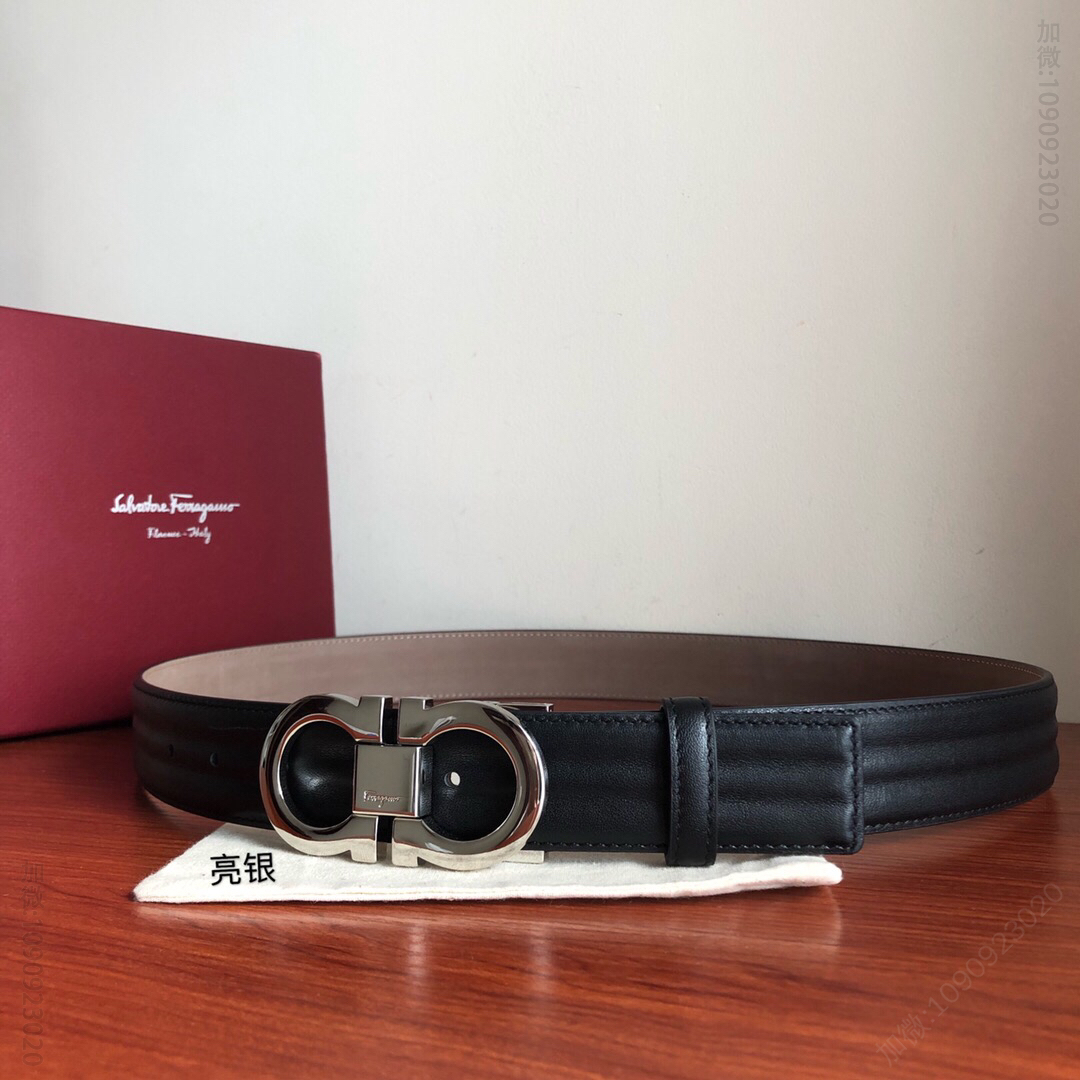 SalvatoreFerragamo菲拉格慕男士3.5cm精品专柜版型金属双圈夹扣，进口双面头层牛皮波浪纹理腰带，可剪裁