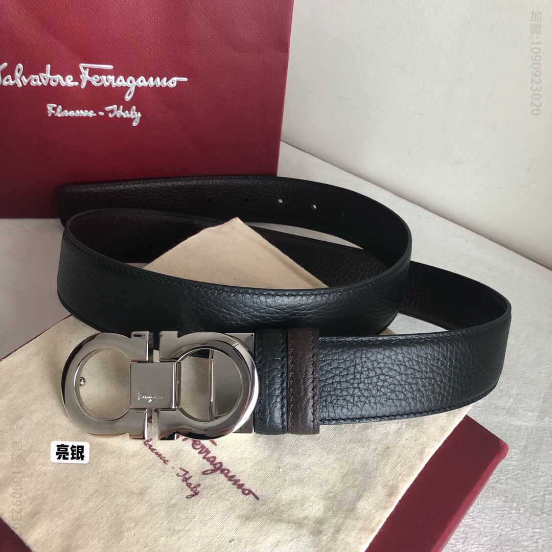 SalvatoreFerragamo菲拉格慕男士3.5cm专柜款版型双圈金属夹扣头层牛皮双面荔枝腰带