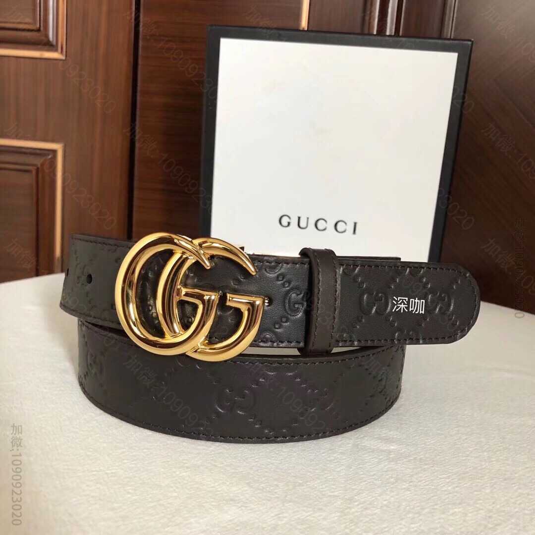 古驰男士腰带，双G旋转金属扣，logo压纹皮带36mm
