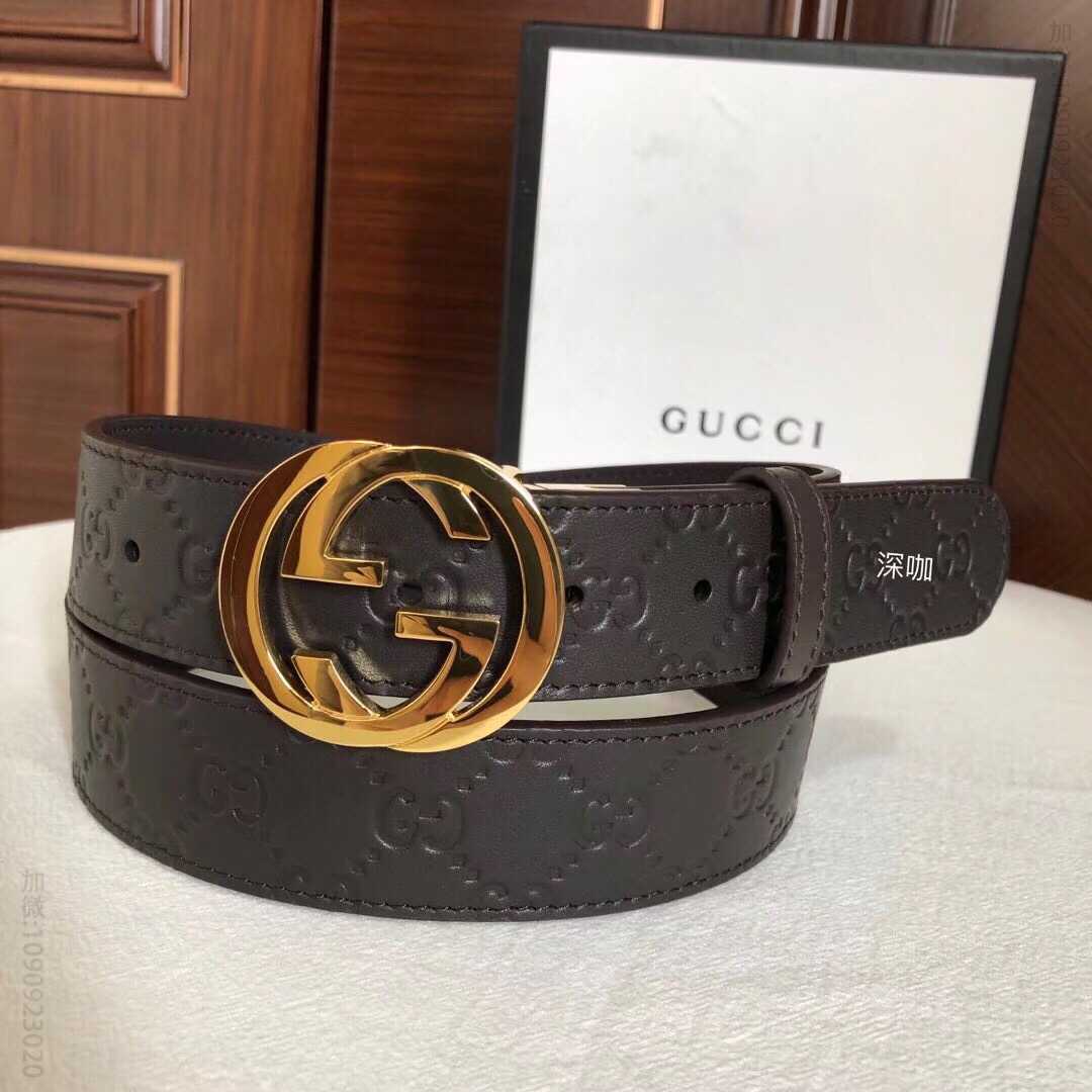 古驰男士腰带，双G旋转金属扣，logo压纹皮带36mm