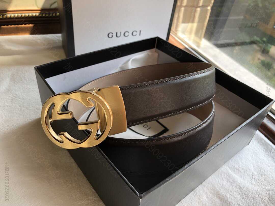 GuccioGucci古驰精钢镂空双G夹扣进口牛皮男士3.5cm腰带