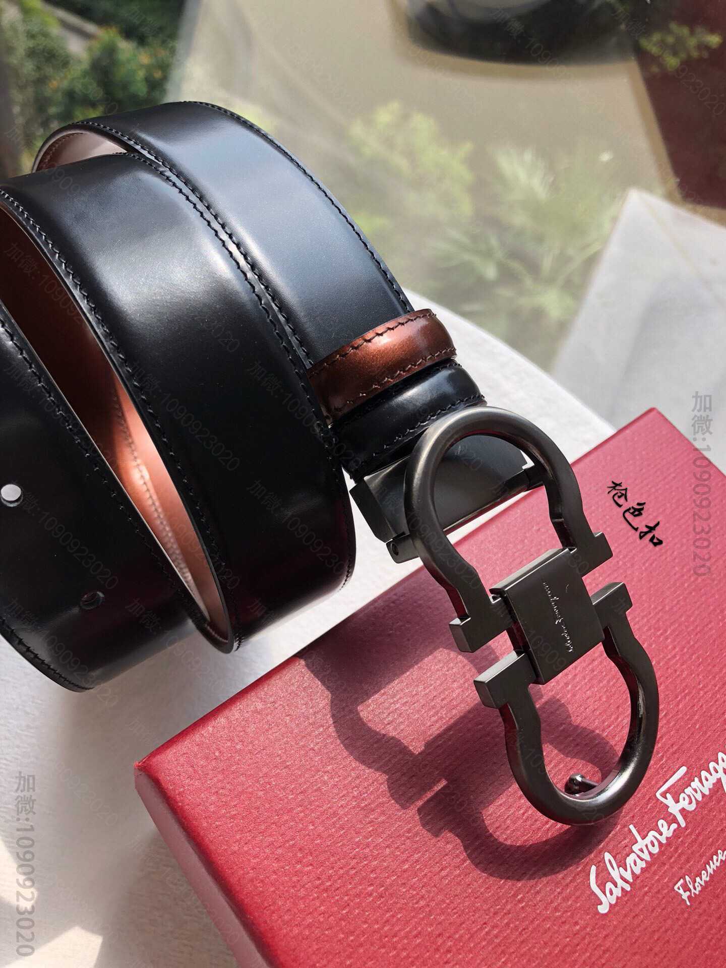 SalvatoreFerragamo菲拉格慕男士3.5cm专柜金属扣扣进口漆...