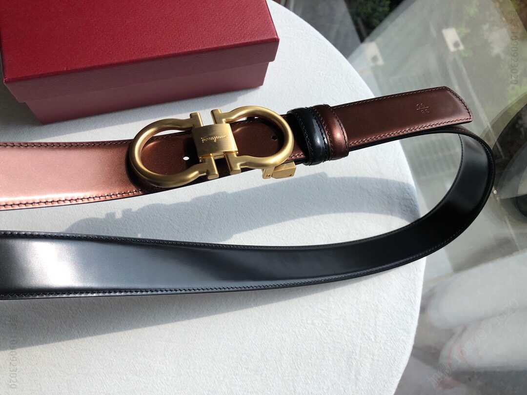 SalvatoreFerragamo菲拉格慕男士3.5cm专柜金属扣扣进口漆皮可双面调节外用可剪裁腰带
