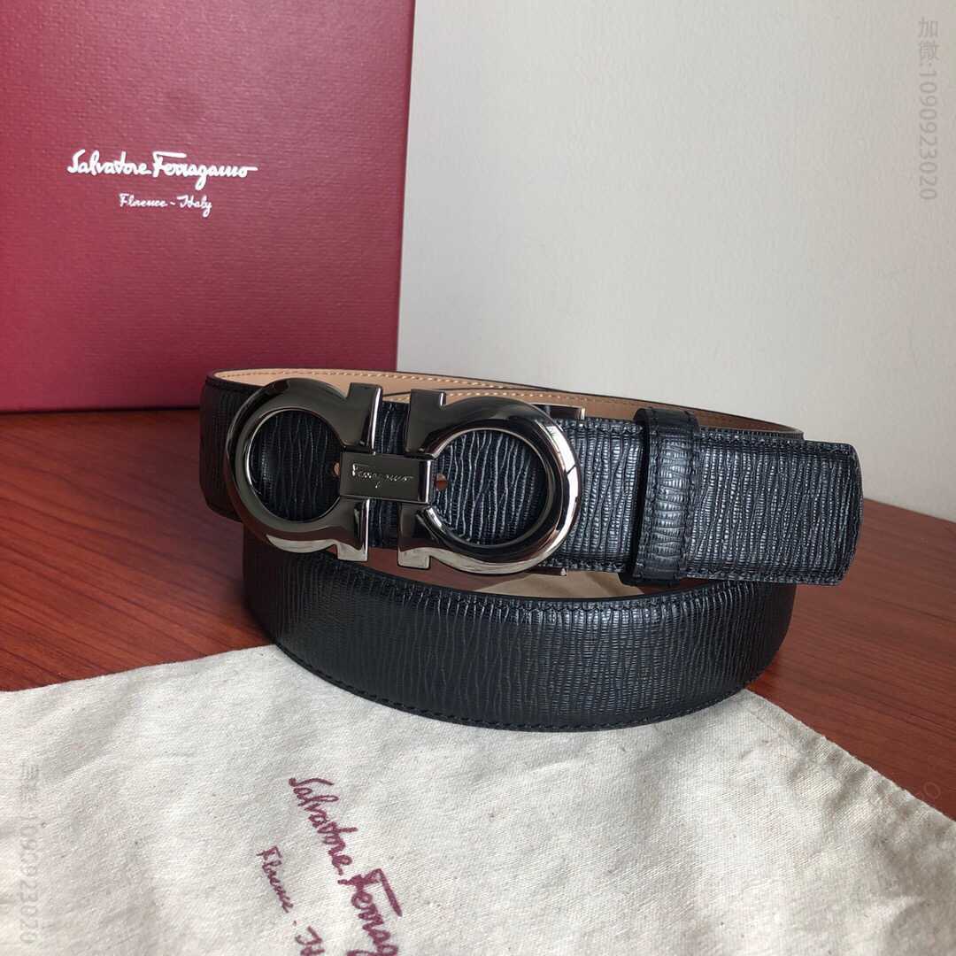 SalvatoreFerragamo菲拉格慕头层牛皮十字纹理双圈夹扣男士3.5cm腰带