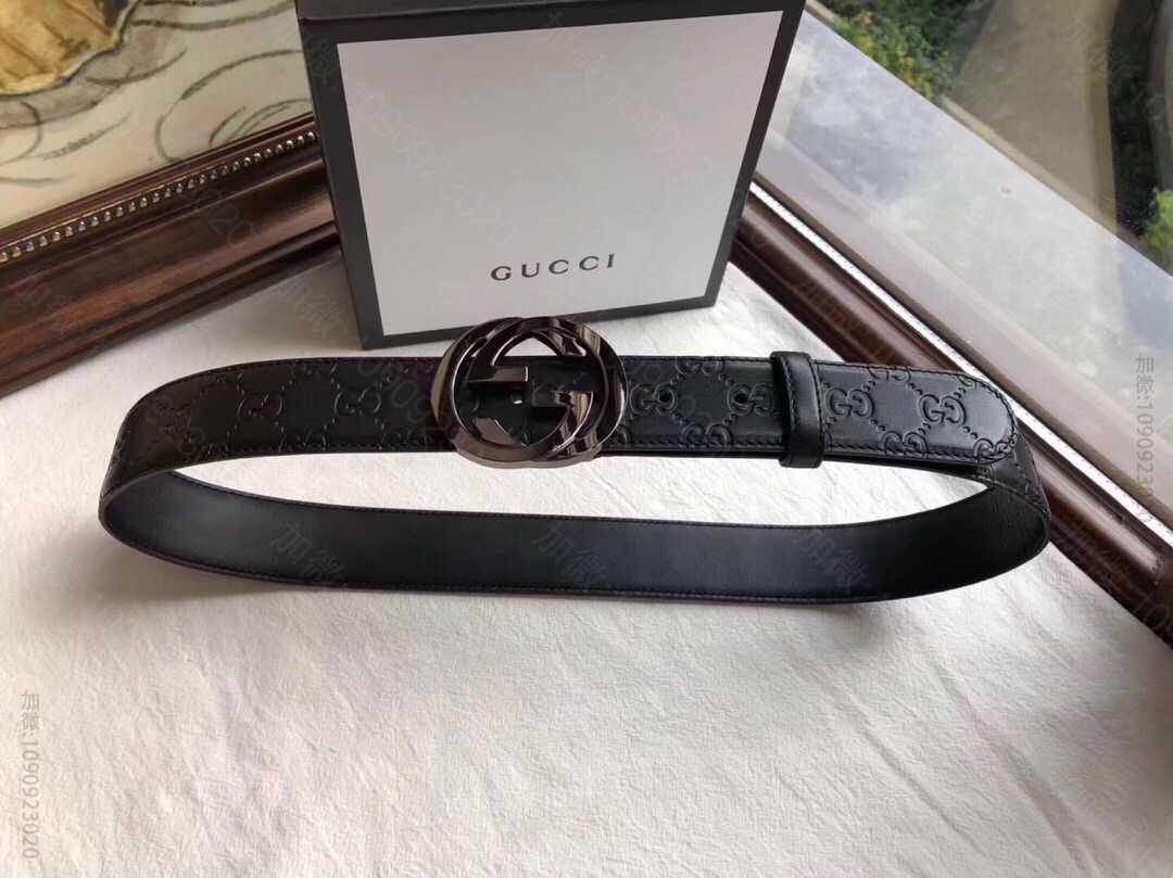 GUCCI古弛意大利制造经典双G压花进口牛皮腰带皮带38MM